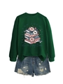 Flat lay of a dark green crewneck sweatshirt with a book illustration and denim shorts - S / Dark Green