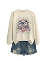 Close-up of crewneck sweatshirt with books and floral print and distressed denim shorts - S / Sand