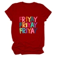 Close-up of the Friyay print with cartoon ruler and pencil on a dark red T-shirt - S / Red