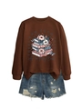 Close-up of graphic sweatshirt print with books and flowers on dark brown fabric - S / Coffee