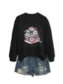 Detail of crewneck sweatshirt with 'Too Many Books' floral print and stack of books - S / Black
