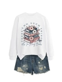 Flat lay of a white sweatshirt with floral book print and frayed denim shorts - S / White