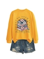 Flat lay of yellow crewneck sweatshirt with book graphic and distressed denim shorts - S / Yellow