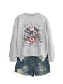 Detail of light grey sweatshirt with books print and ripped denim shorts on white background - S / Gray