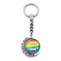Regenbogen-Mond-Schlüsselanhänger mit drehbarem Love is Love Glas-Anhänger in Silber - Love is Love Regenbogen Text