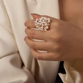 Elegant gold adjustable ring featuring a cluster of white pearls and sparkling zircons - Size 7 (Adjustable) / Gold Faux Pearl Ring (A695)