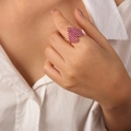 Verstellbarer vergoldeter Kupferring mit Pixel-Herz-Design und rosa Zirkon-Inlay - Einheitsgröße / Magenta Zirkonia (A652)
