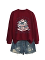 Burgundy sweatshirt with book illustration paired with ripped blue denim shorts - S / Burgundy