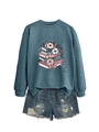 Detail of grey-blue sweatshirt with book illustration and distressed denim shorts - S / Blue