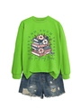 Detail of lime green sweatshirt with floral book print and denim shorts set - S / Fluorescent Green