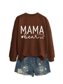 Detailed flat lay of Mama Bear sweatshirt with distressed denim shorts on white background - Coffee (White Font)