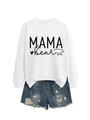 Detail of white Mama Bear sweatshirt with bear silhouette and distressed denim shorts - White (Black Font)