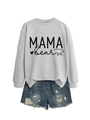 Close-up of light gray Mama Bear crewneck sweatshirt paired with distressed denim shorts - Grey (Black Font)