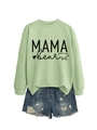 Detail of light green Mama Bear sweatshirt paired with distressed denim shorts - Olive Green (Black Font)