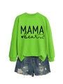 Detail of MAMA BEAR print on grass green crewneck sweatshirt with heart and bear graphic - Fluorescent Green (Black Font)