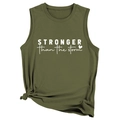 Detail of olive green tank top featuring Stronger than the storm text and knot at hem - Army Green