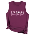 Detail of burgundy tank top with Stronger than the Storm print and knotted hem - Fuschia