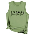 Close-up of Sage Green tank top with Stronger Than The Storm print and knotted hem - Olive Green