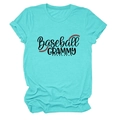 Close-up of Baseball GRAMMY print and red stitching on teal crewneck cotton t-shirt - Deep Water Blue (Black Text)