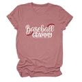 Detail of Baseball GRAMMY print and red stitching on a dusty pink short sleeve T-shirt - Rose Gold (White Text)