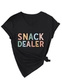 Close-up of black V-neck t-shirt featuring Snack Dealer colorful graphic and side knot - S / Black