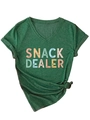 Detail of Snack Dealer graphic on V-neck dark green cotton t-shirt with front knot hem - S / Vintage Green