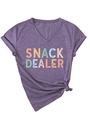 Detail of Snack Dealer colorful letters on heathered purple V-neck short sleeve tee - S / Purple