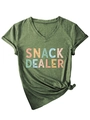 Detail of army green V-neck T-shirt showing colorful Snack Dealer print and front hem knot - S / Olive Green
