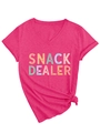 Detail of V-neck hot pink snack dealer t-shirt with rolled sleeves and side knot design - S / Rose Red