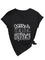 Detail of V-neck black T-shirt with white text print and stylish side knot feature - S / Black