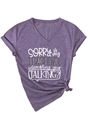 Detail of purple V-neck t-shirt with knotted hem and teaching slogan print texture - S / Purple (White Print)