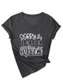 Detail of dark grey V-neck T-shirt showing side-knot hem and roll-up sleeves with slogan - S / Black Heather Grey