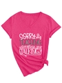 Detail of rose red V-neck T-shirt featuring SORRY is my TEACHING text and hem knot detail - S / Rose Red