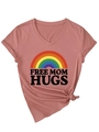 Detail of Free Mom Hugs rainbow print on pink V-neck T-shirt with stylish knot detail - S / Rose Gold (Black Graphic)