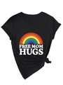 Detail of V-neck black cotton t-shirt with rainbow print and free mom hugs slogan with knot - S / Black (White Graphic)