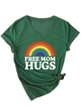 Detail of dark green V-neck T-shirt with Free Mom Hugs rainbow print and rolled sleeves - S / Retro Green (White Graphic)