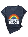 Detail of Free Mom Hugs V-neck T-shirt with rainbow print and knot tie hem - S / Navy Blue (White Graphic)