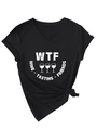 Détail du t-shirt à col en V avec imprimé Wine Tasting Friends et nœud sur le côté - Noir