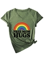 Detail of Free Mom Hugs T-shirt with rainbow print and V-neck knotted waist design - S / Olive Green (Black Graphic)