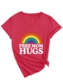 Detail of red V-neck T-shirt with Free Mom Hugs slogan and rainbow graphic design - S / Red (White Graphic)