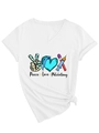 Close-up of Peace Love Phlebotomy graphic print on white V-neck short sleeve T-shirt - S / White (Black Color Print)
