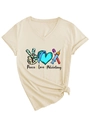 Detail of V-neck T-shirt showing Peace Love Phlebotomy print and stylish knotted hem - S / Sand (Black Color Print)