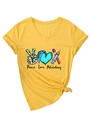 Close-up of Peace Love Phlebotomy medical print on bright yellow V-neck short sleeve t-shirt - S / Yellow (Black Color Print)