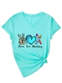 Detailed view of Peace Love Phlebotomy print on a V-neck t-shirt with knotted hem - S / Deep Water Blue (Black Color Print)