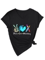 Detail of V-neck T-shirt showing Peace Love Phlebotomy leopard print and heart graphics - S / Black (White Color Print)