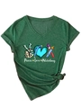 Close-up of forest green V-neck T-shirt featuring Peace Love Phlebotomy medical graphics - S / Vintage Green (White Color Print)