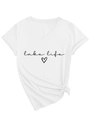 Detail van wit T-shirt met V-hals voorzien van Lake Life print en stijlvolle knoop - S / Wit