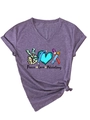 Detail of V-neck purple phlebotomy T-shirt featuring leopard peace sign and heart print - S / Purple (Black Color Print)