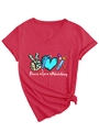 Detail of red V-neck T-shirt showing Peace Love Phlebotomy print and knot detail - S / Red (White Color Print)