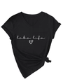 Détail du col en V et de l'imprimé coeur Lake Life sur un t-shirt noir à manches courtes - S / Noir